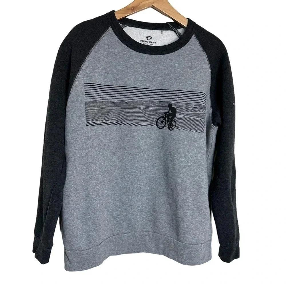Pearl Izumi Sweatshirt Large Gray Raglan Graphic Cyclist Fleece Pullover